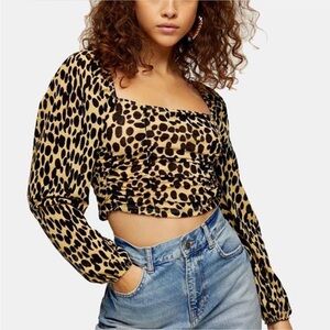 Topshop Black and Tan Ruched Ruffled Blouse